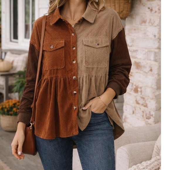 new in Tops - New In Colorblock Corduroy Peplum Shirt Brown Tan Button Women's Sm fits M L